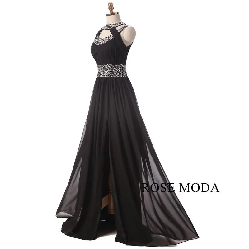 Rosemoda Long Black Beaded Chiffon Prom Dress