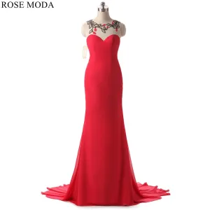 Rosemoda Long Red Chiffon Women Formal Sheath Prom Dress