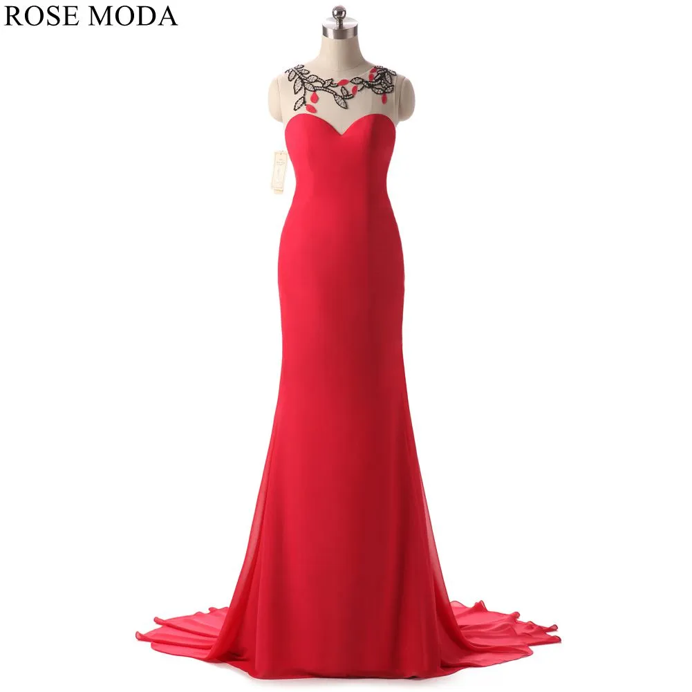 Rosemoda Long Red Chiffon Women Formal Sheath Prom Dress