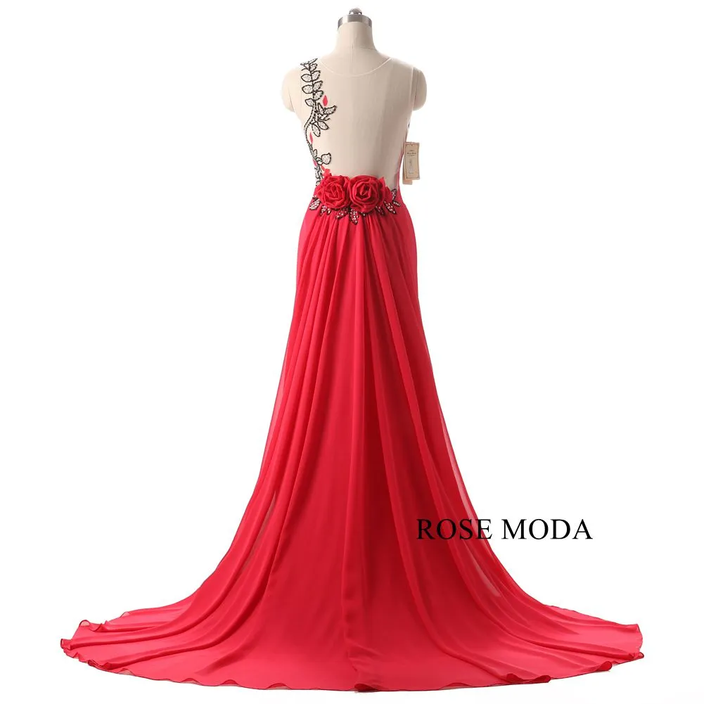 Rosemoda Long Red Chiffon Women Formal Sheath Prom Dress