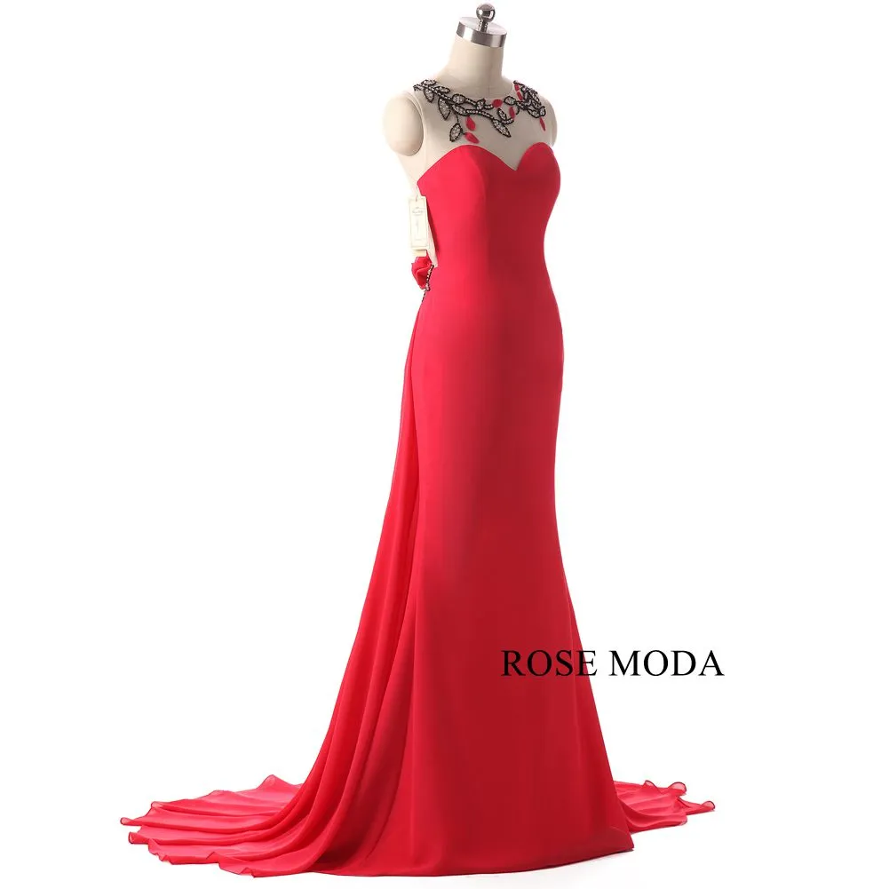 Rosemoda Long Red Chiffon Women Formal Sheath Prom Dress