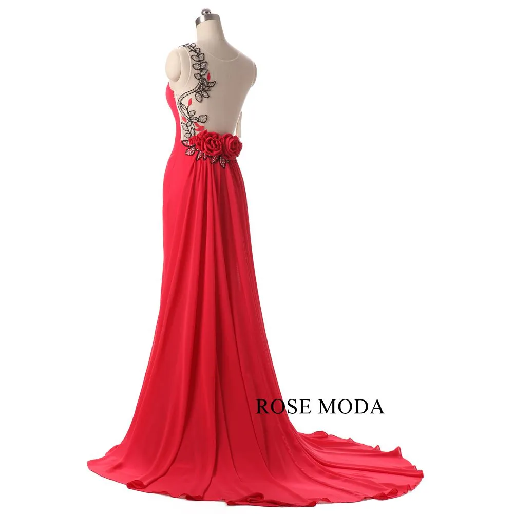 Rosemoda Long Red Chiffon Women Formal Sheath Prom Dress