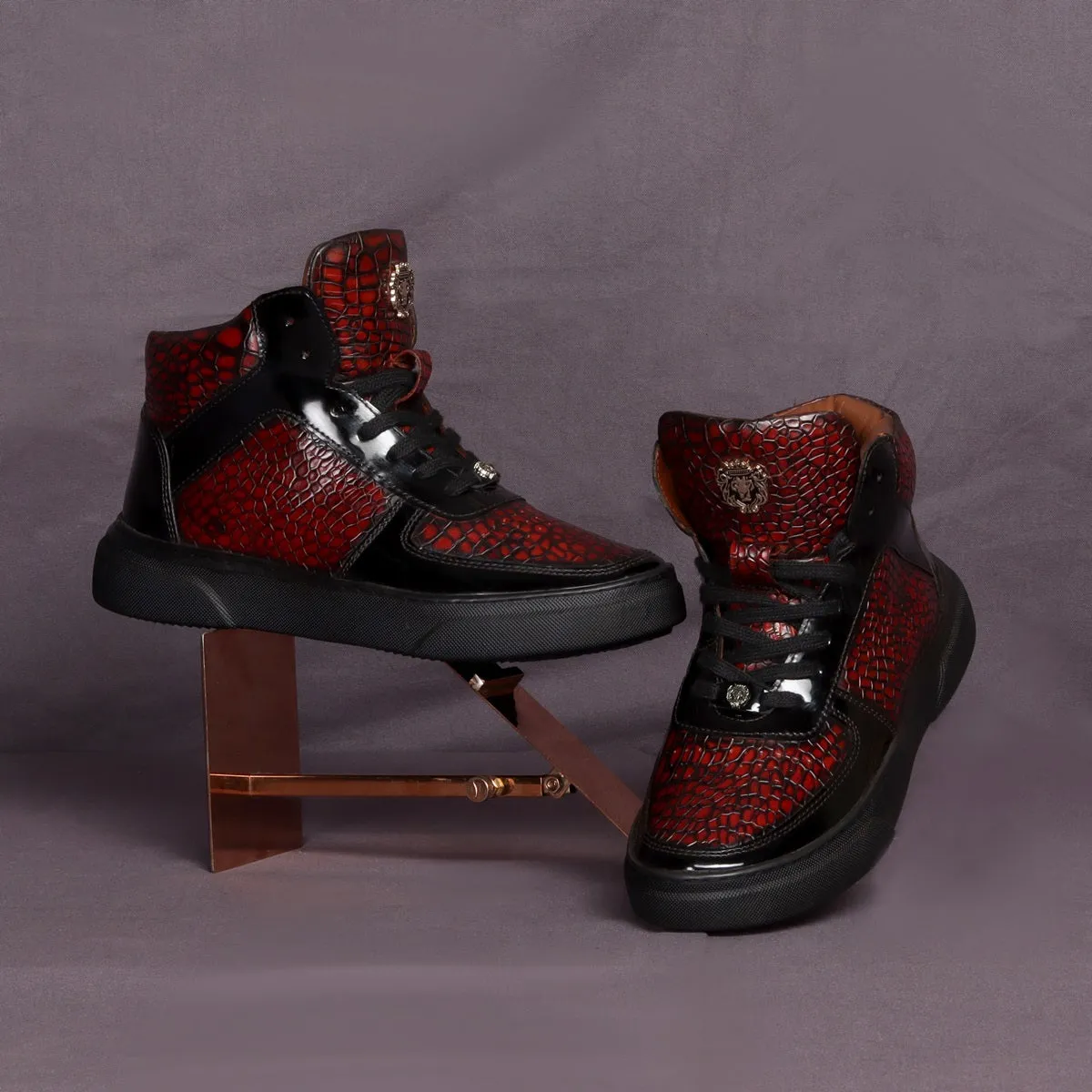 Smokey Cognac Deep Cut Croco Leather with Patent Leather Detailing Mid Top Sneakers by Brune & Bareskin