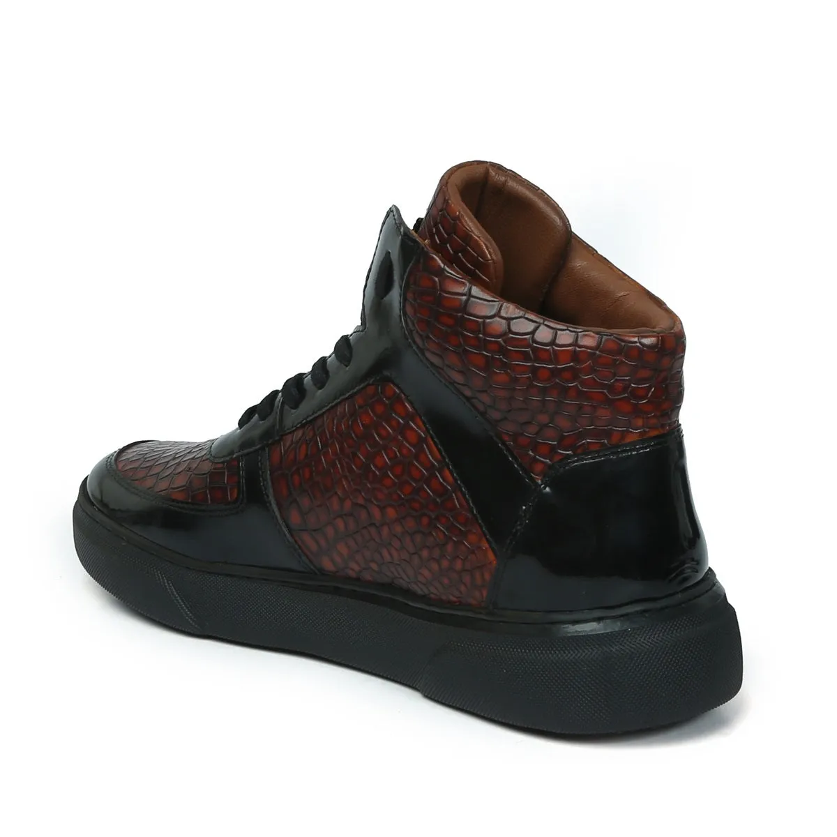 Smokey Cognac Deep Cut Croco Leather with Patent Leather Detailing Mid Top Sneakers by Brune & Bareskin