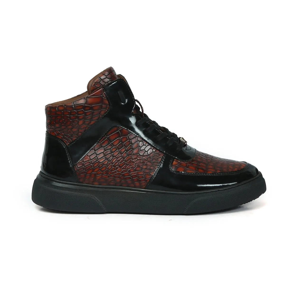 Smokey Cognac Deep Cut Croco Leather with Patent Leather Detailing Mid Top Sneakers by Brune & Bareskin