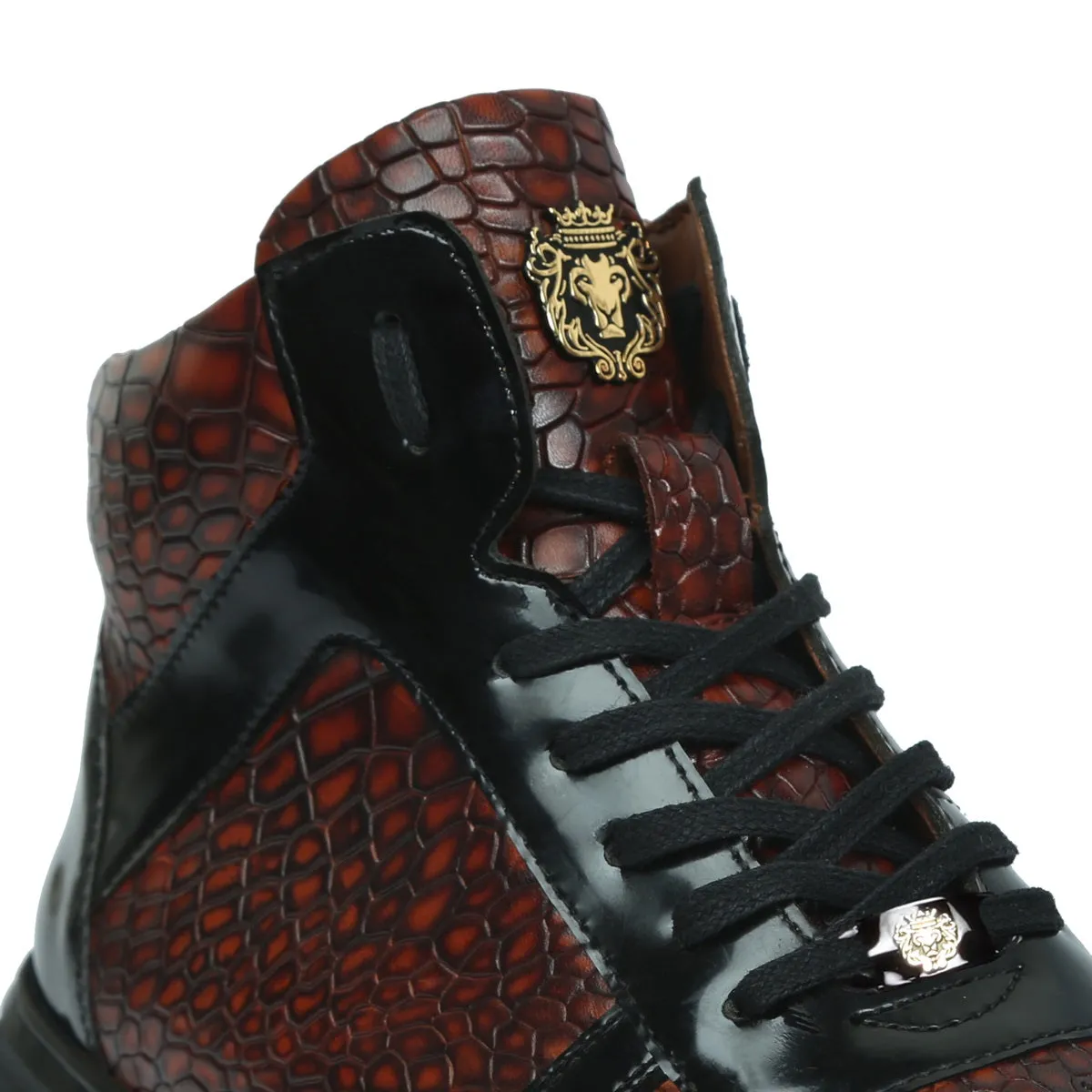 Smokey Cognac Deep Cut Croco Leather with Patent Leather Detailing Mid Top Sneakers by Brune & Bareskin