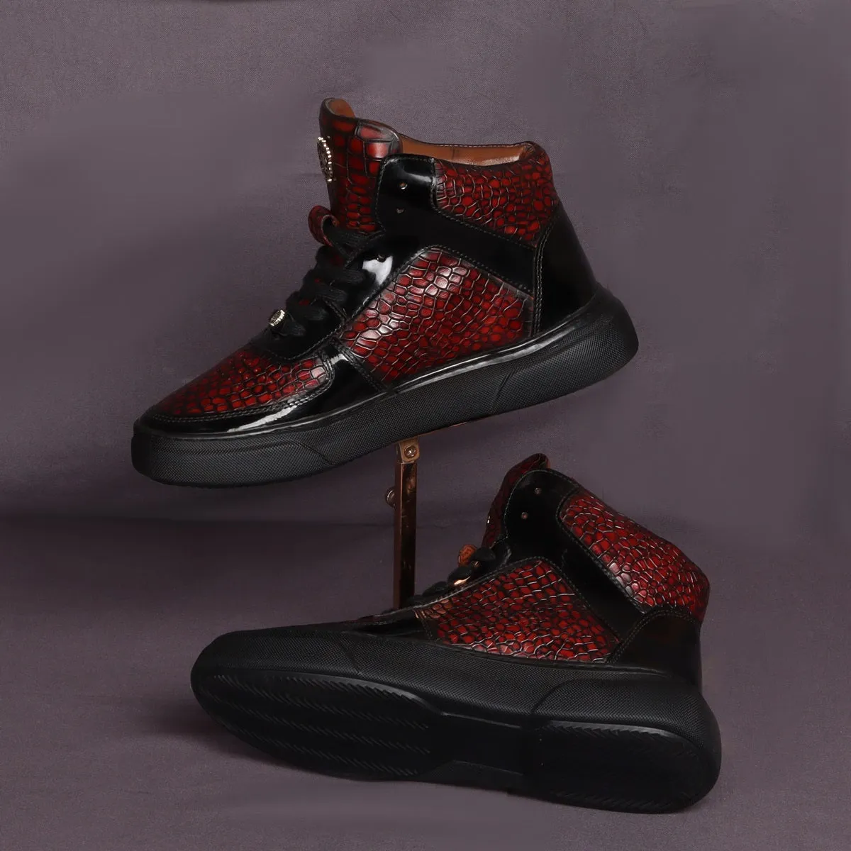 Smokey Cognac Deep Cut Croco Leather with Patent Leather Detailing Mid Top Sneakers by Brune & Bareskin