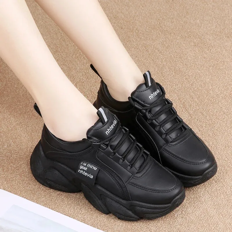 Sohiwoo  white thick black bottom shoes female age season thick bottom torre shoes fashion PU leather ms platform sneakers
