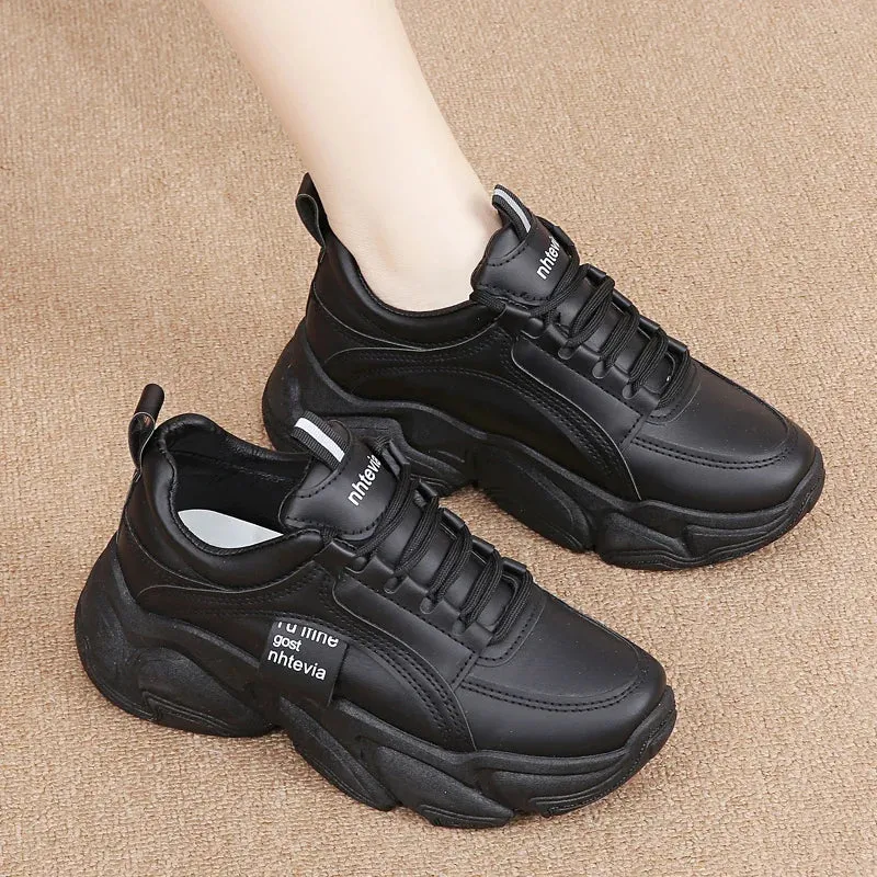 Sohiwoo  white thick black bottom shoes female age season thick bottom torre shoes fashion PU leather ms platform sneakers