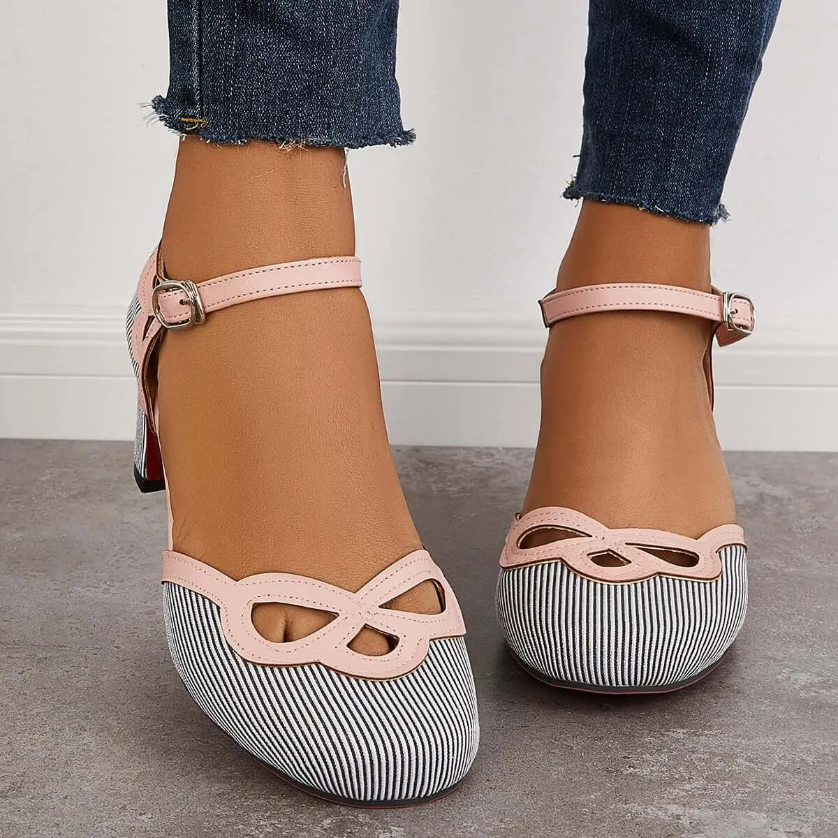 Sohiwoo woman formal Casual Block Mid Heel Pumps Ankle Strap Dress Heels