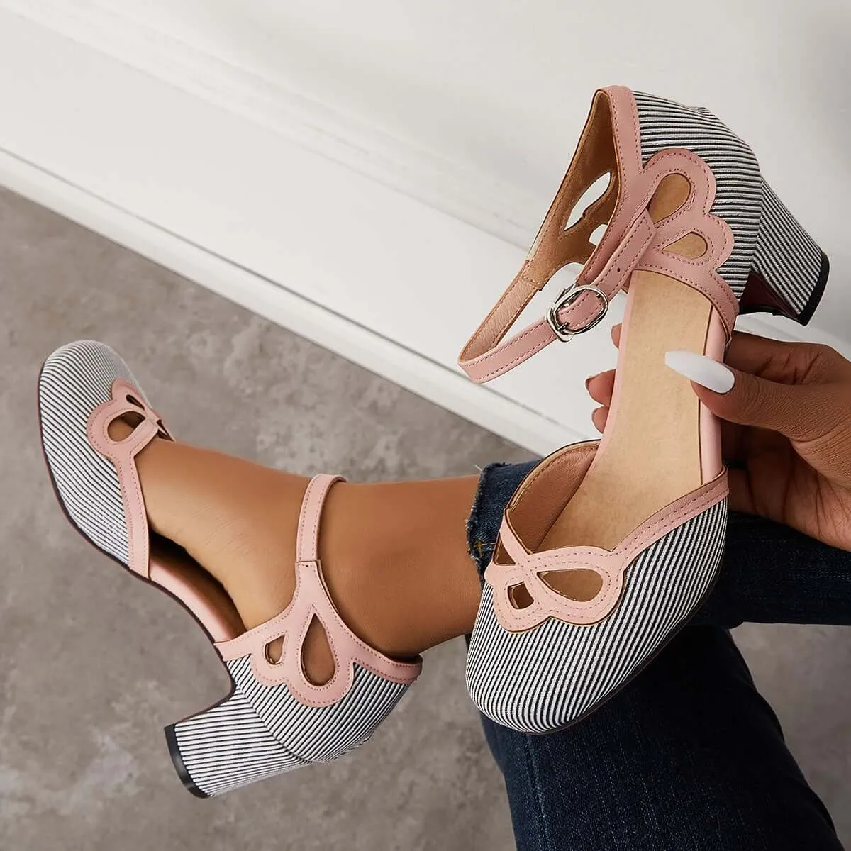 Sohiwoo woman formal Casual Block Mid Heel Pumps Ankle Strap Dress Heels