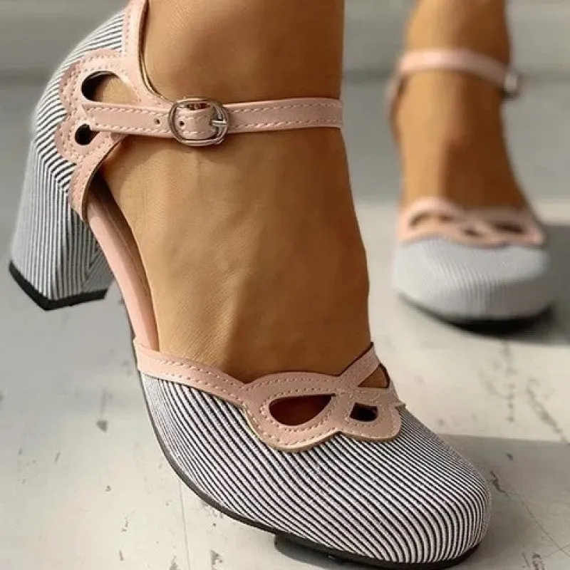 Sohiwoo woman formal Casual Block Mid Heel Pumps Ankle Strap Dress Heels