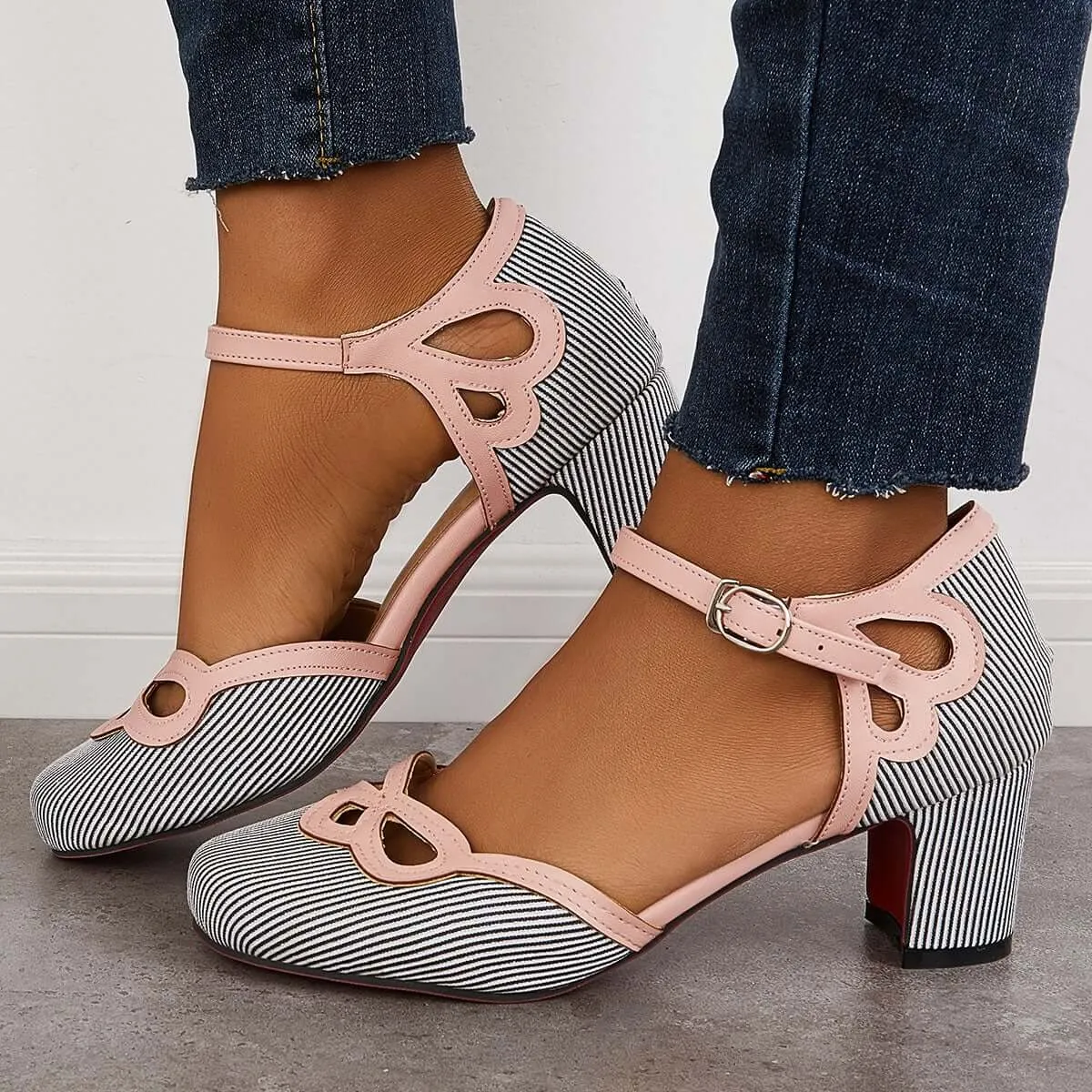 Sohiwoo woman formal Casual Block Mid Heel Pumps Ankle Strap Dress Heels