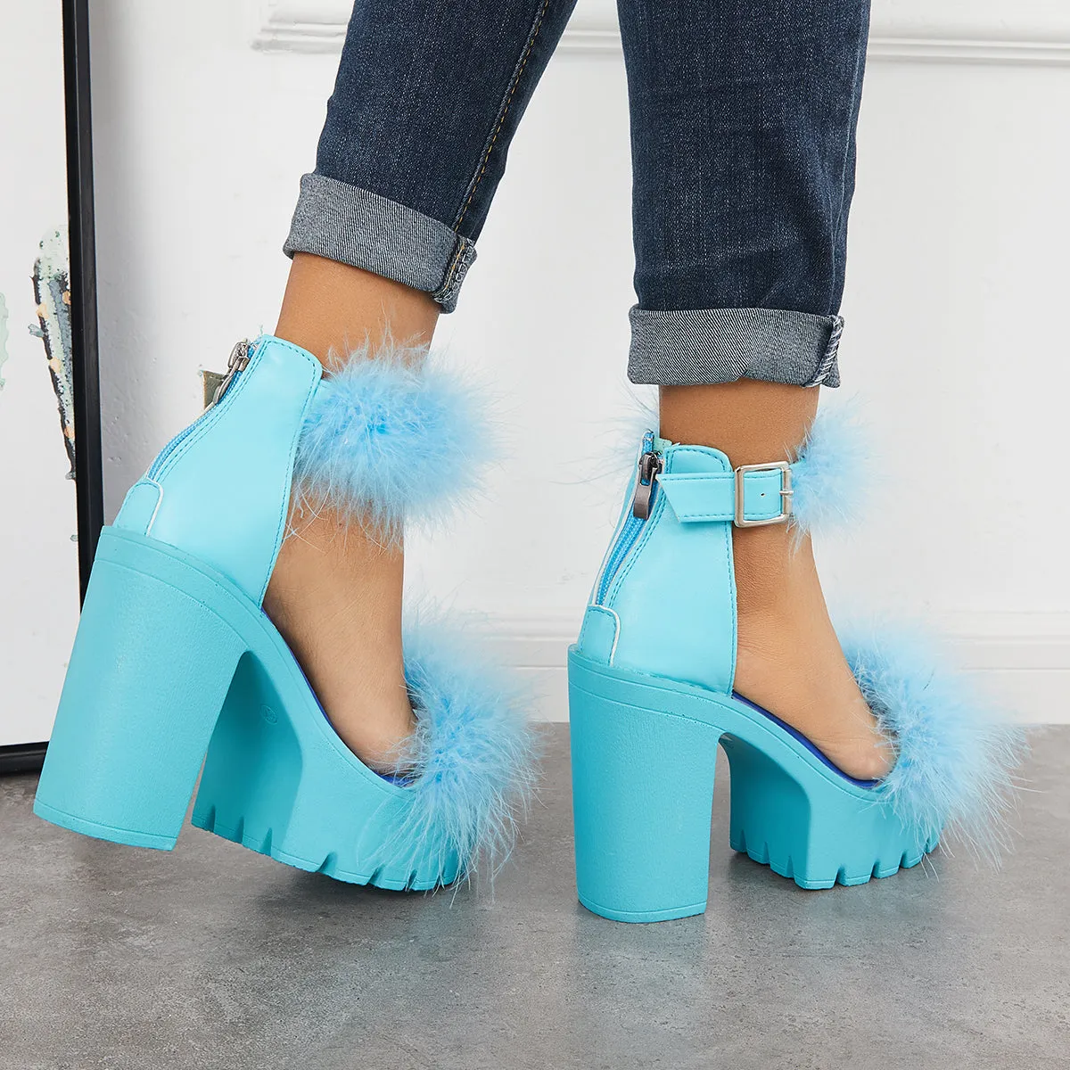 Sohiwoo Women Furry Platform Chunky High Heels Open Toe Ankle Strap Sandals