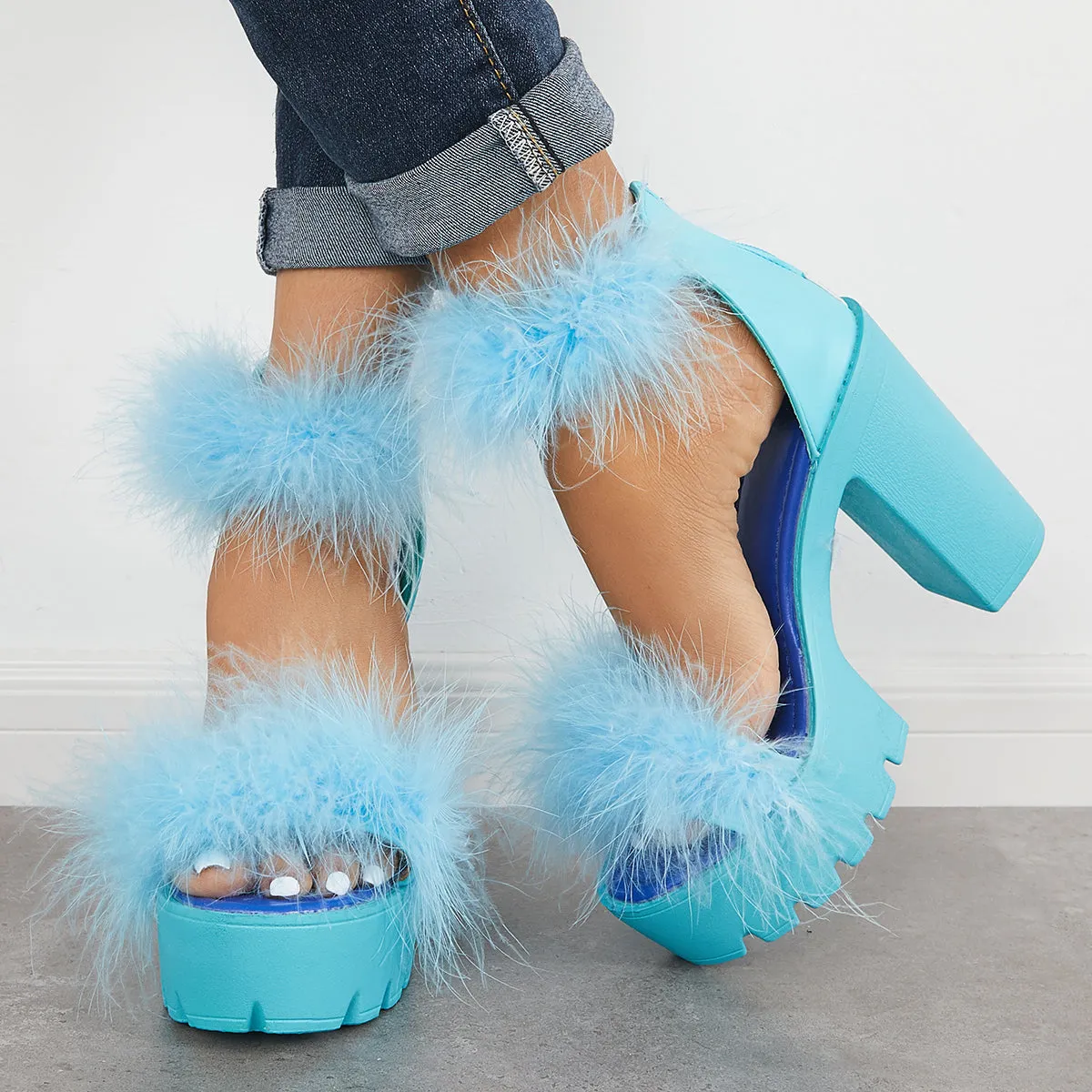 Sohiwoo Women Furry Platform Chunky High Heels Open Toe Ankle Strap Sandals