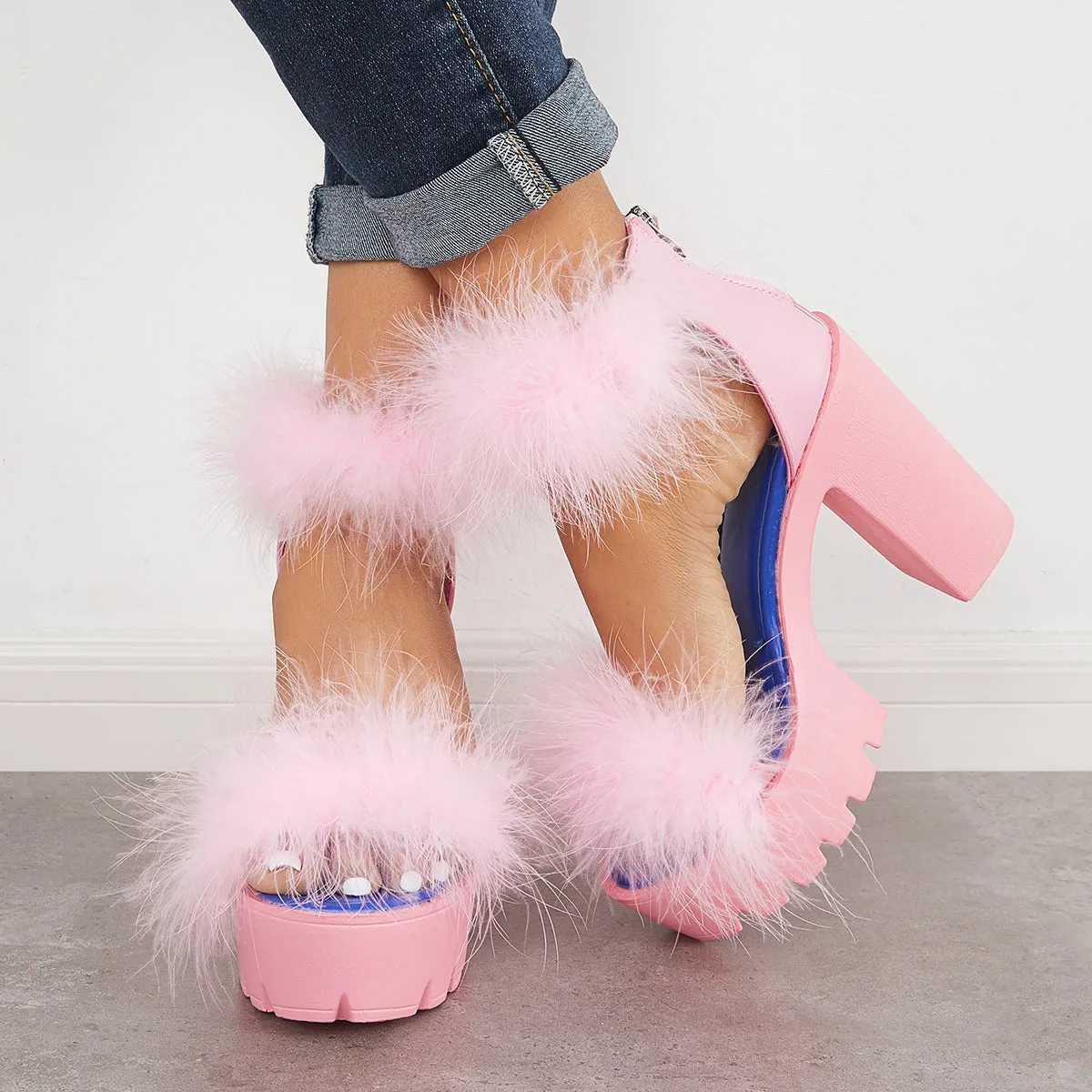 Sohiwoo Women Furry Platform Chunky High Heels Open Toe Ankle Strap Sandals
