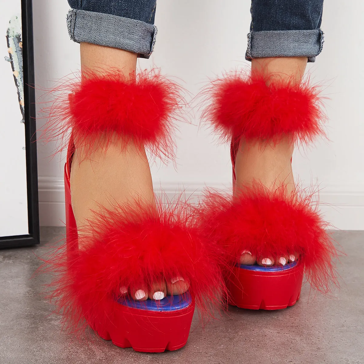Sohiwoo Women Furry Platform Chunky High Heels Open Toe Ankle Strap Sandals