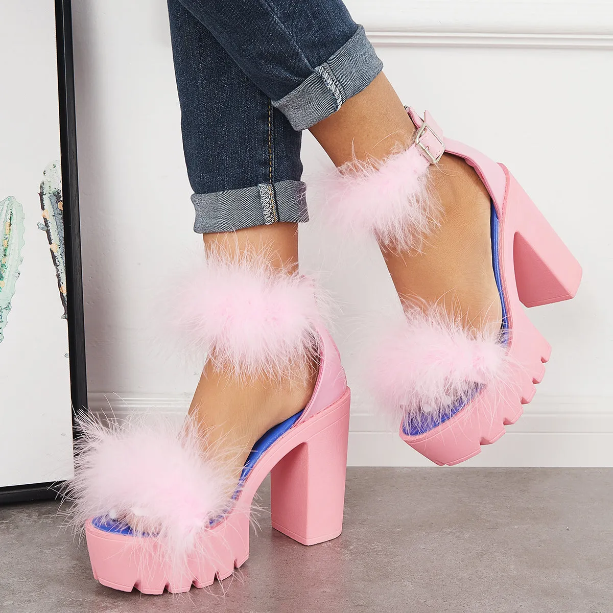 Sohiwoo Women Furry Platform Chunky High Heels Open Toe Ankle Strap Sandals
