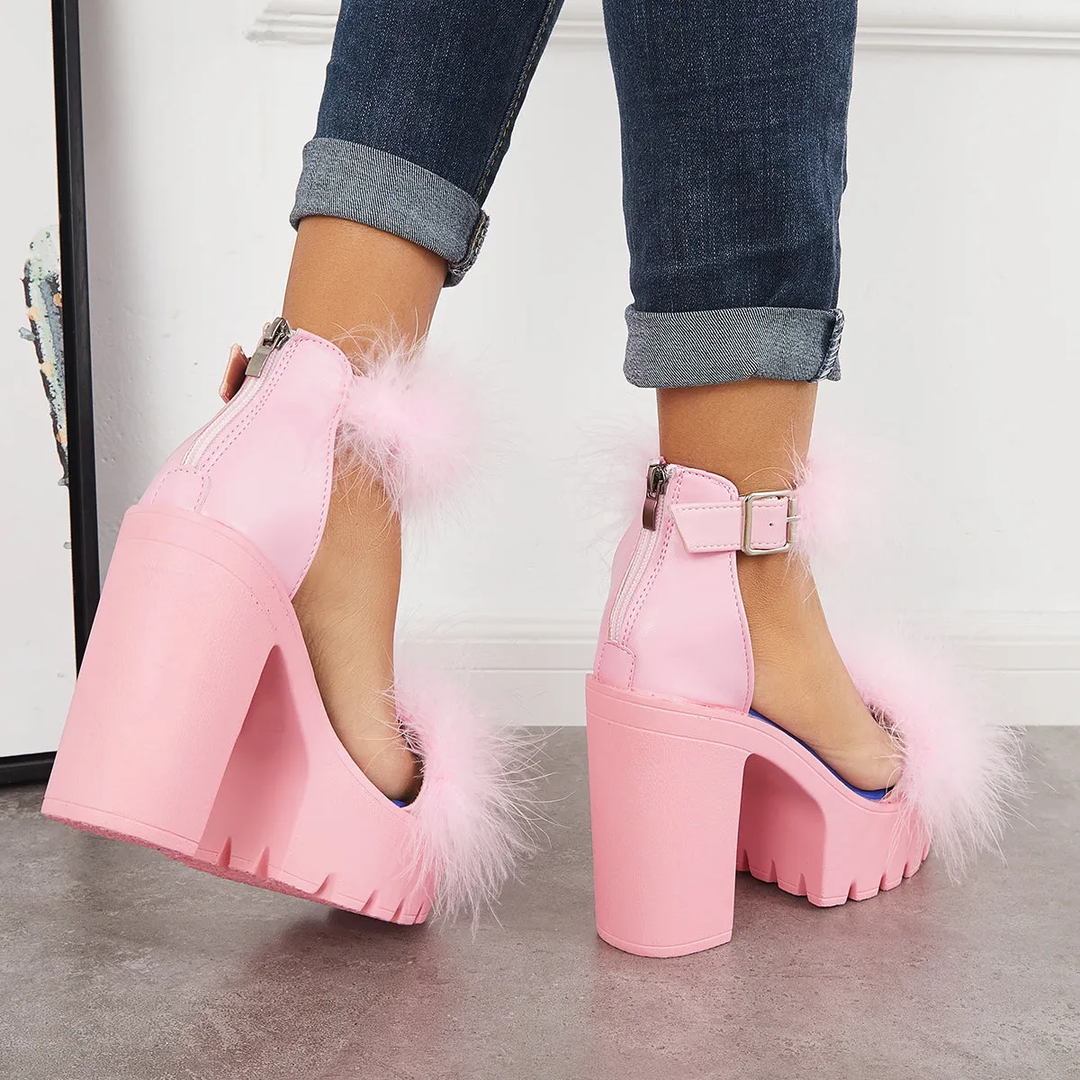 Sohiwoo Women Furry Platform Chunky High Heels Open Toe Ankle Strap Sandals