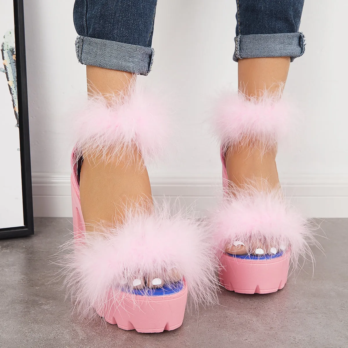 Sohiwoo Women Furry Platform Chunky High Heels Open Toe Ankle Strap Sandals