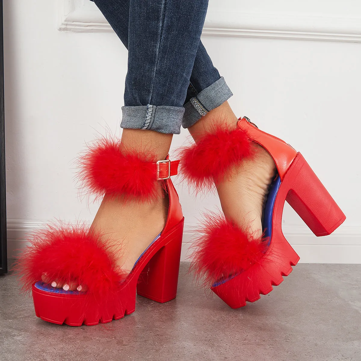 Sohiwoo Women Furry Platform Chunky High Heels Open Toe Ankle Strap Sandals