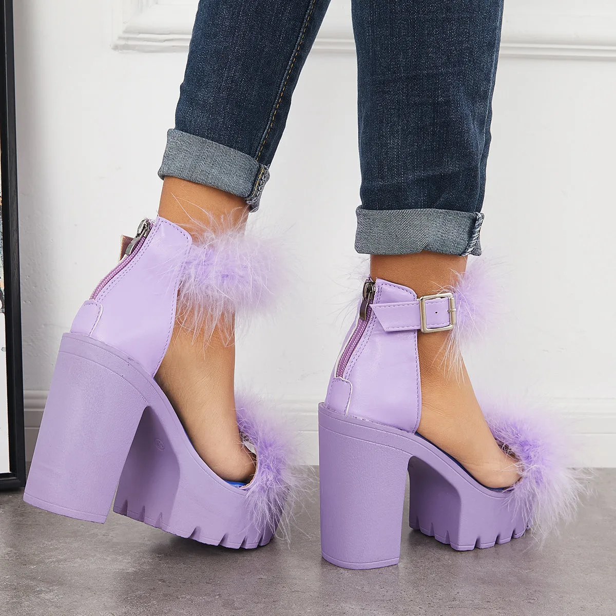 Sohiwoo Women Furry Platform Chunky High Heels Open Toe Ankle Strap Sandals