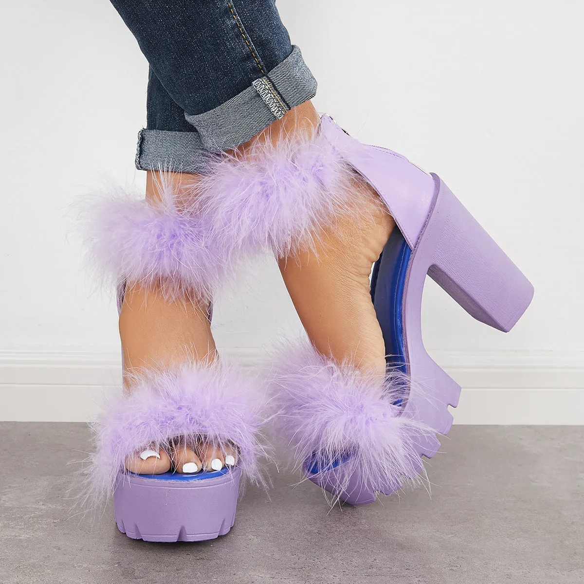 Sohiwoo Women Furry Platform Chunky High Heels Open Toe Ankle Strap Sandals