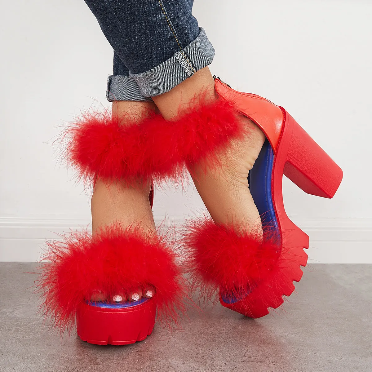 Sohiwoo Women Furry Platform Chunky High Heels Open Toe Ankle Strap Sandals