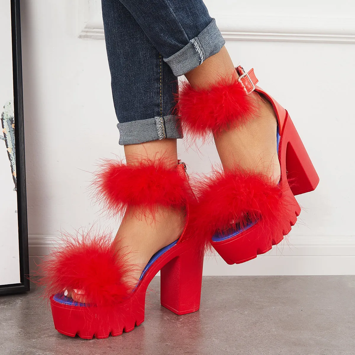 Sohiwoo Women Furry Platform Chunky High Heels Open Toe Ankle Strap Sandals