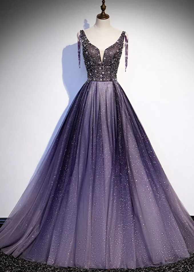 Solvbao Charming Purple Gradient Tulle V-neckline Long Party Dress, A-line Prom Dress
