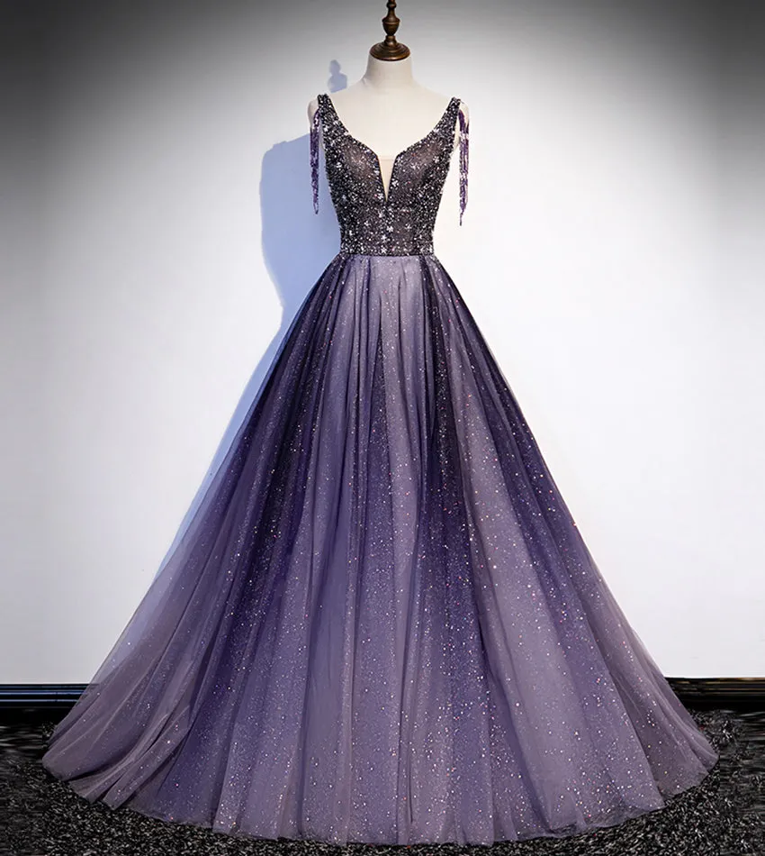 Solvbao Charming Purple Gradient Tulle V-neckline Long Party Dress, A-line Prom Dress