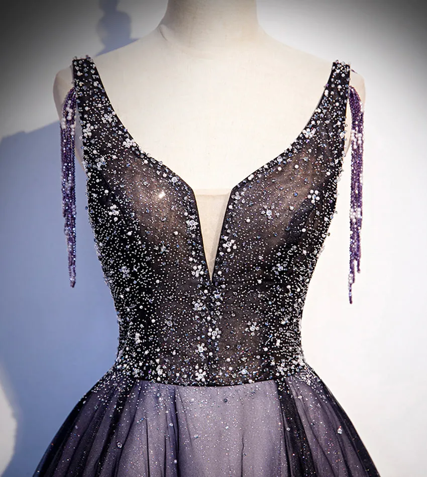 Solvbao Charming Purple Gradient Tulle V-neckline Long Party Dress, A-line Prom Dress