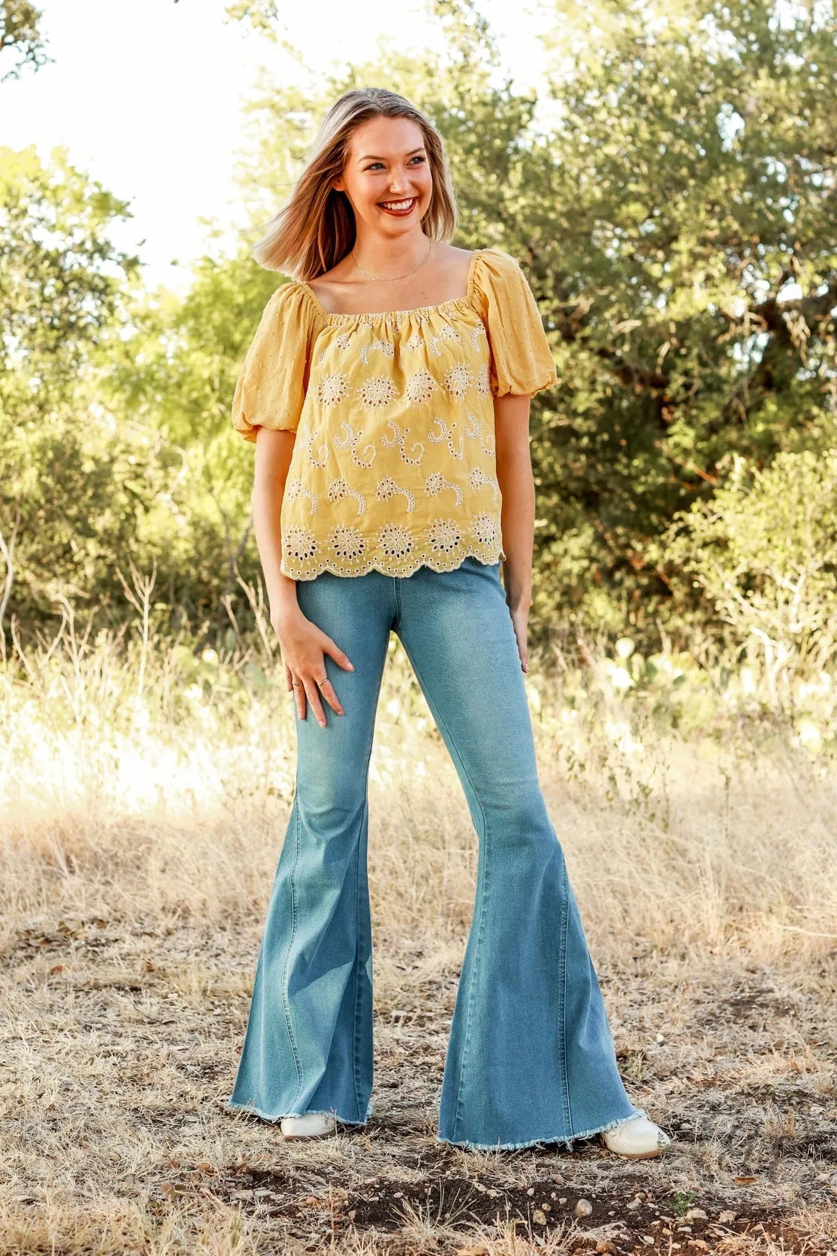 Southern Grace The Jolene High Rise Light Wash Flare Denim