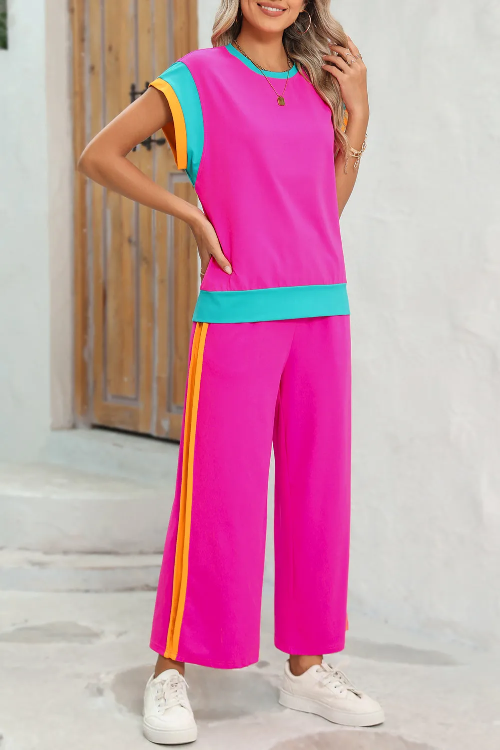 Strawberry Pink Colorblock Cap Sleeve Tee and Wide Leg Pants Set