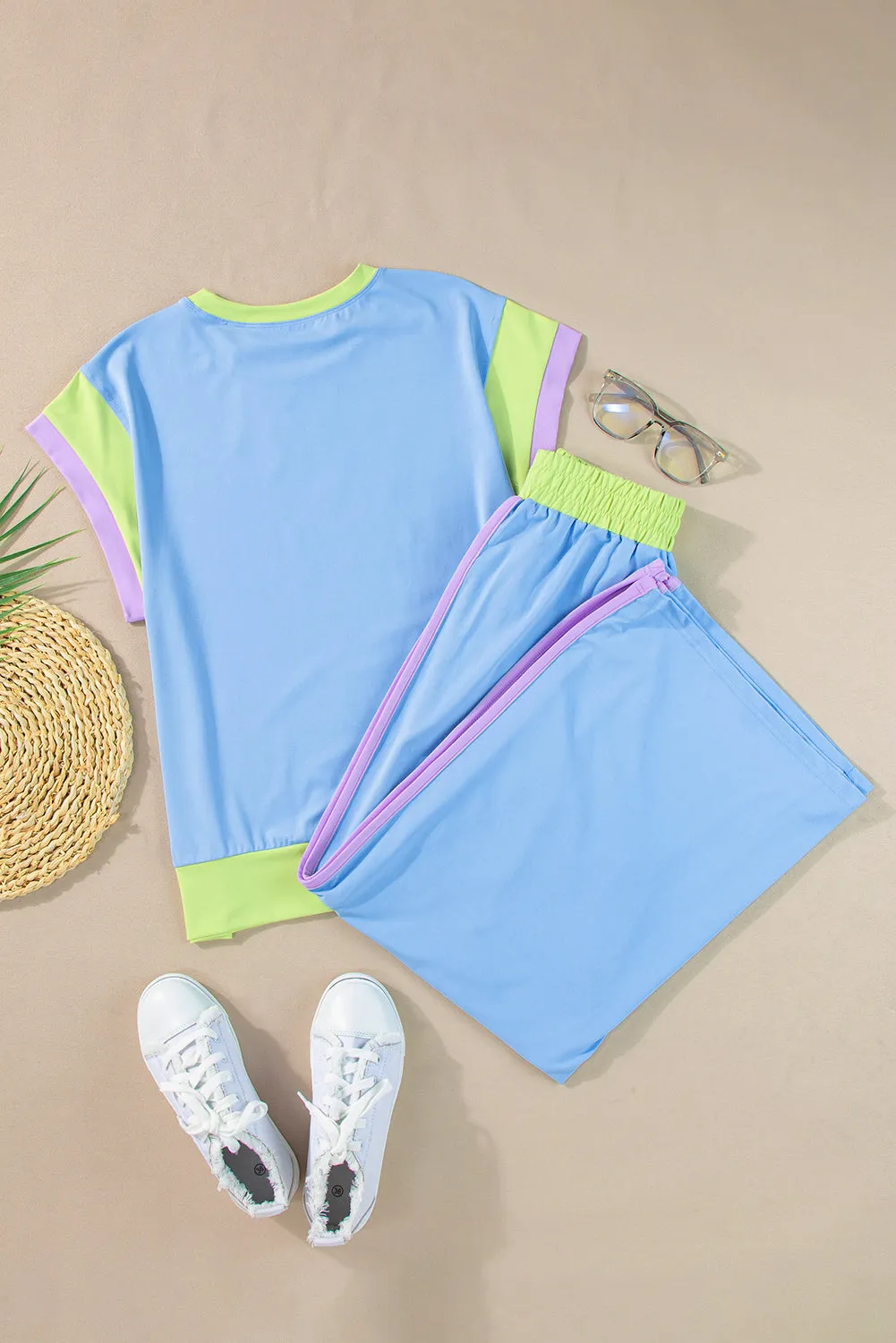 Strawberry Pink Colorblock Cap Sleeve Tee and Wide Leg Pants Set