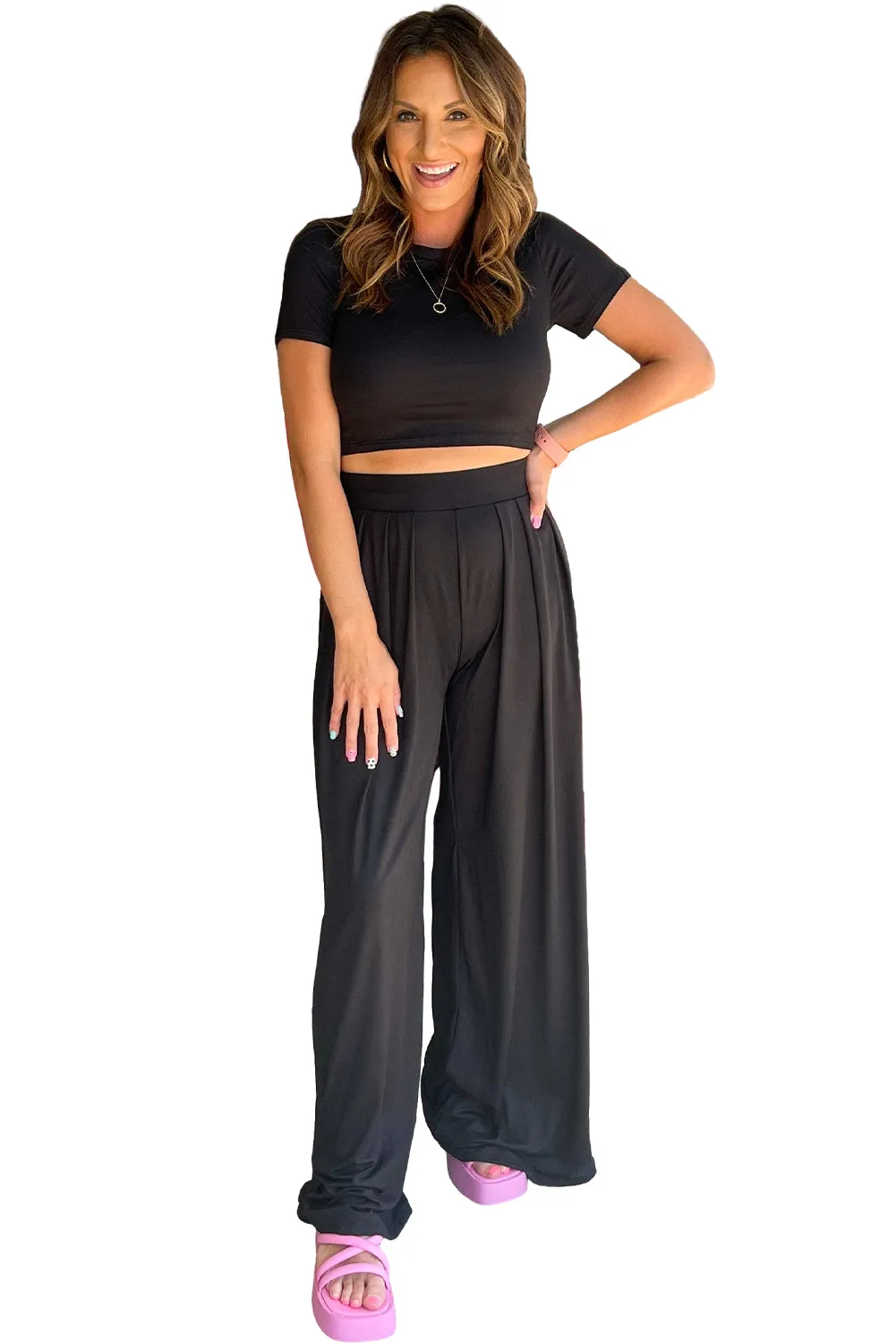 Strawberry Pink Plain Slim Fit Crop Top And Wide Leg Pants Set