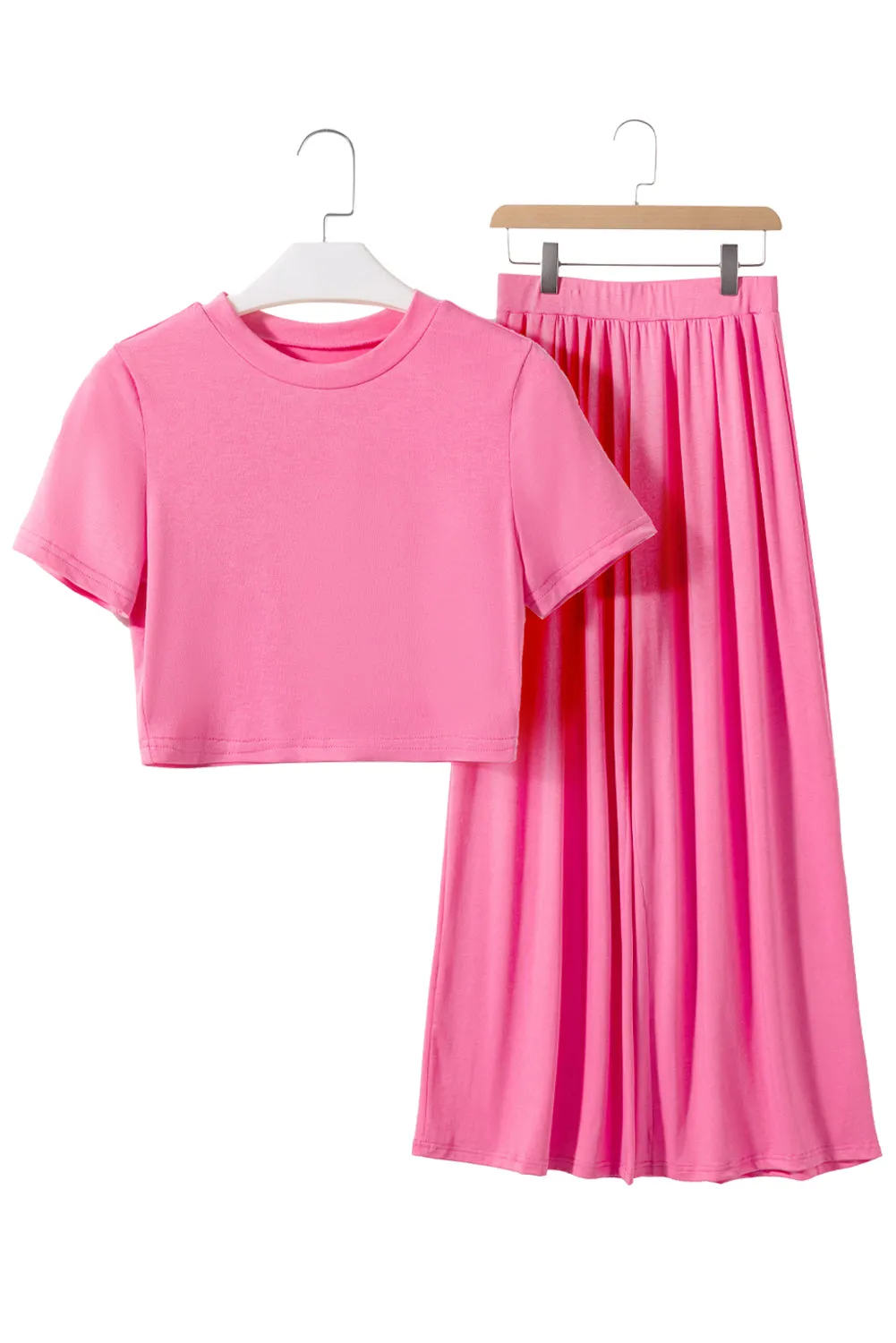 Strawberry Pink Plain Slim Fit Crop Top And Wide Leg Pants Set