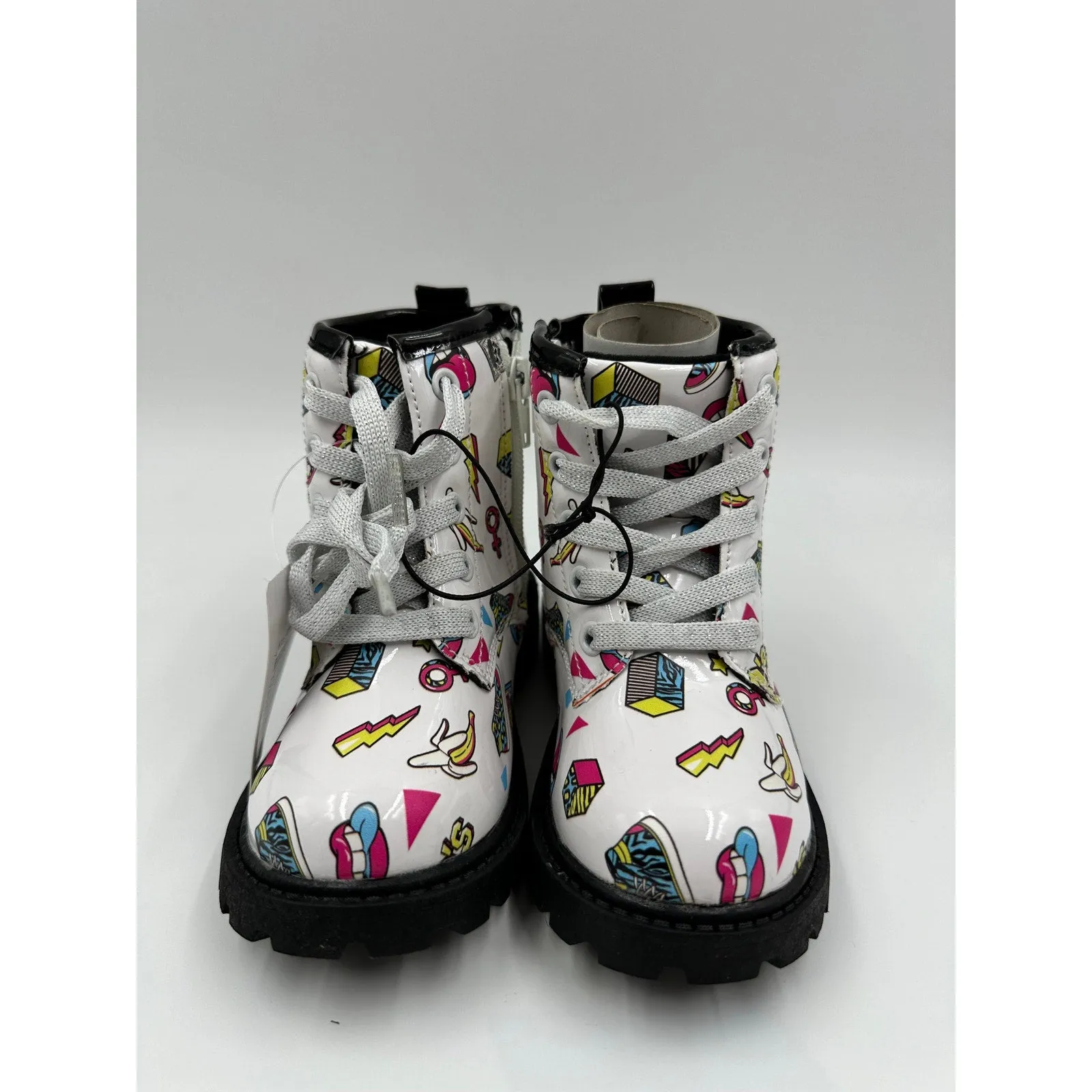 Toddler Size 8, 90s Rain Boot, with Pop Images, Black Sole, Lace Up with Zippers