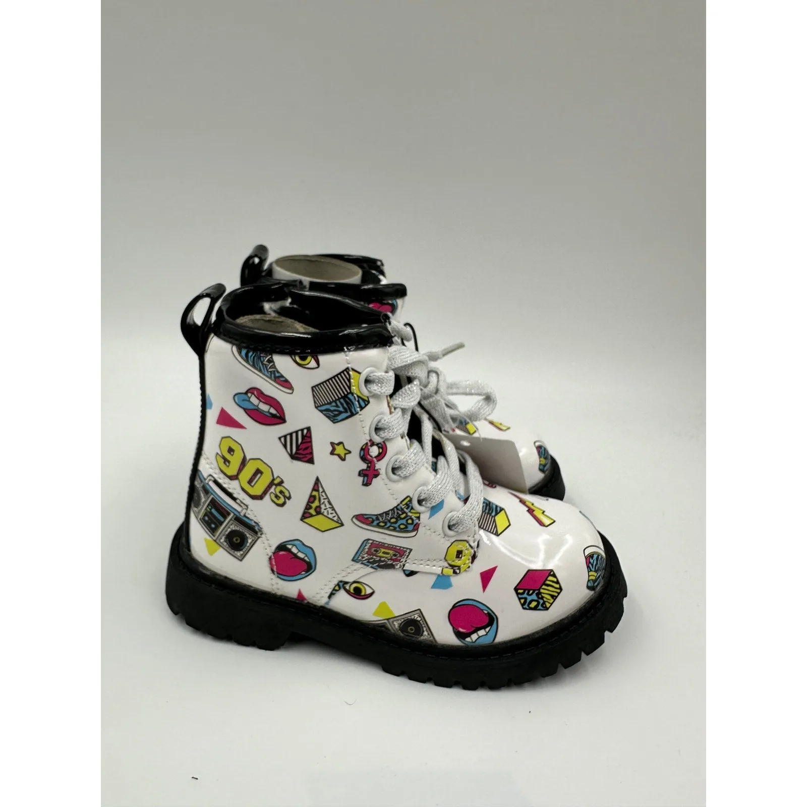 Toddler Size 8, 90s Rain Boot, with Pop Images, Black Sole, Lace Up with Zippers