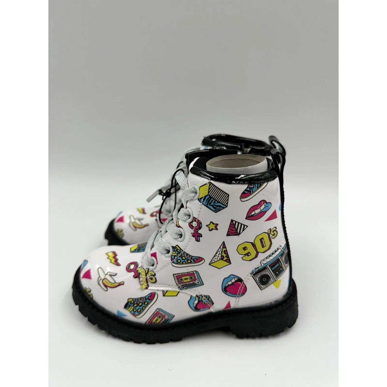 Toddler Size 8, 90s Rain Boot, with Pop Images, Black Sole, Lace Up with Zippers