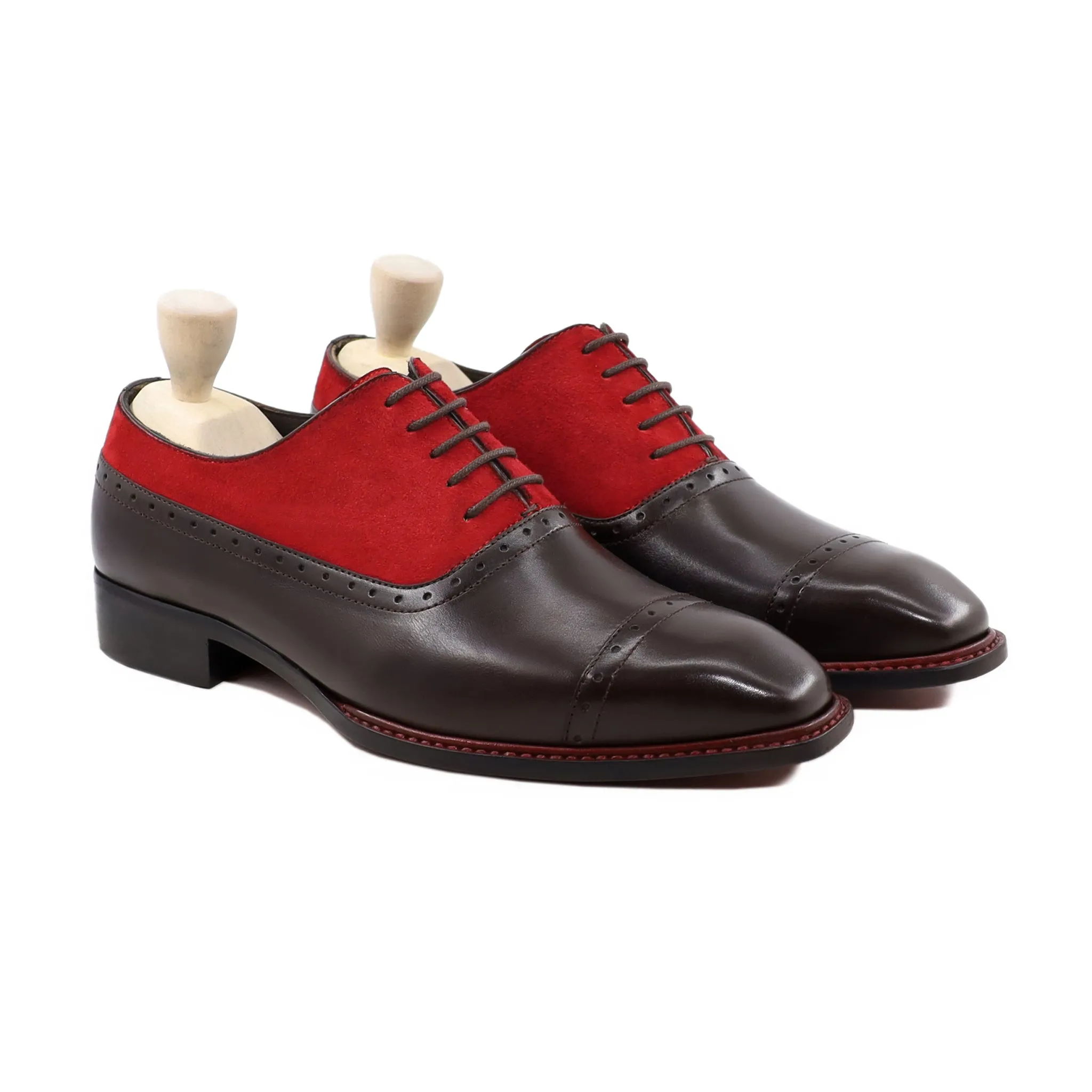 Travis Gy - Men's Dark Brown and Red Kid Suede Oxford Shoe