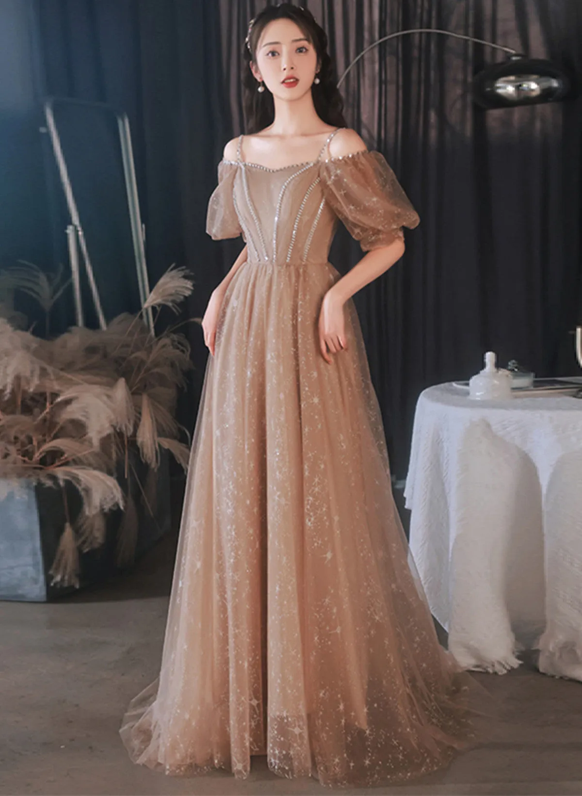 Uniwim A-line Champagne Tulle Off Shoulder Long Party Dress, Champagne Formal Dress Prom Dress