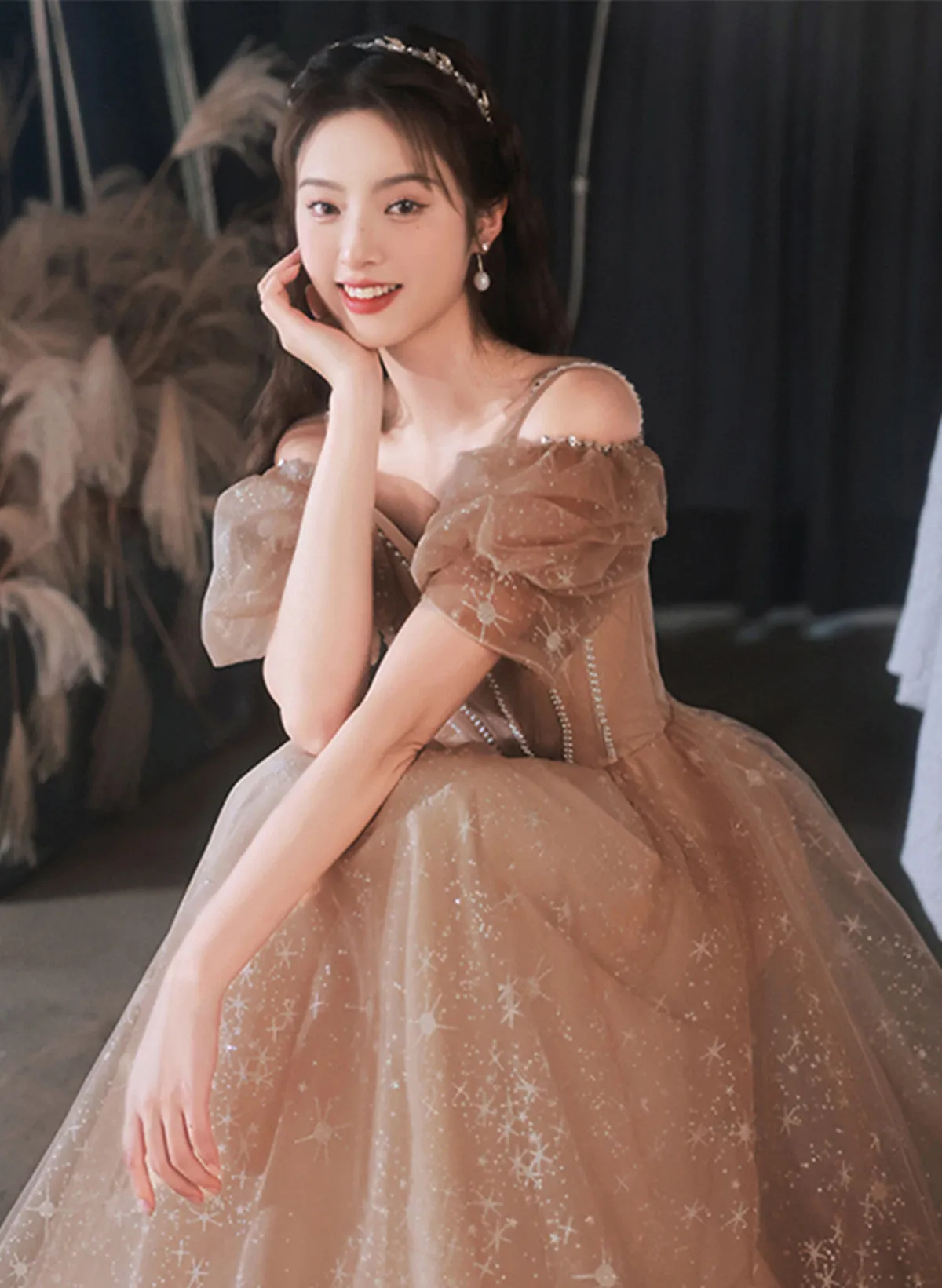 Uniwim A-line Champagne Tulle Off Shoulder Long Party Dress, Champagne Formal Dress Prom Dress
