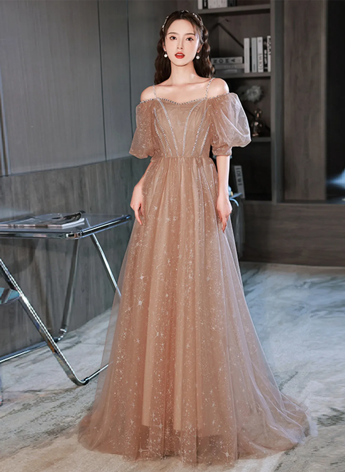 Uniwim A-line Champagne Tulle Off Shoulder Long Party Dress, Champagne Formal Dress Prom Dress