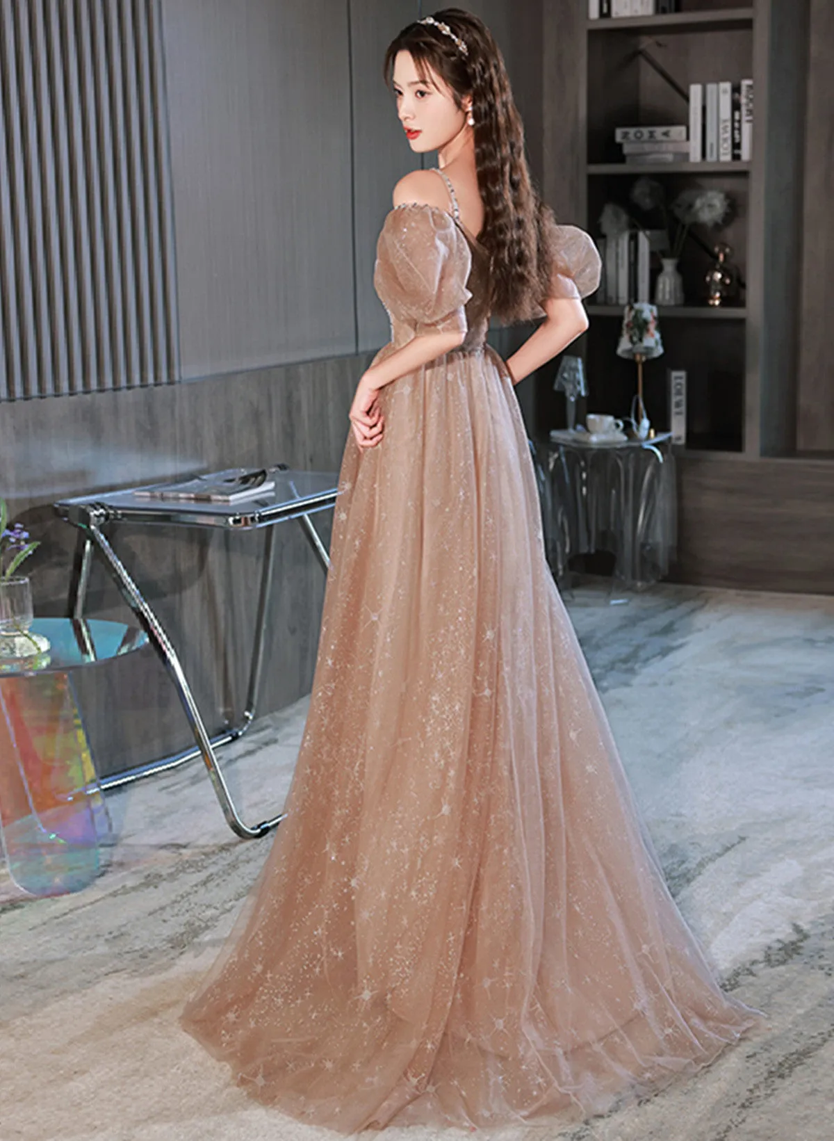 Uniwim A-line Champagne Tulle Off Shoulder Long Party Dress, Champagne Formal Dress Prom Dress