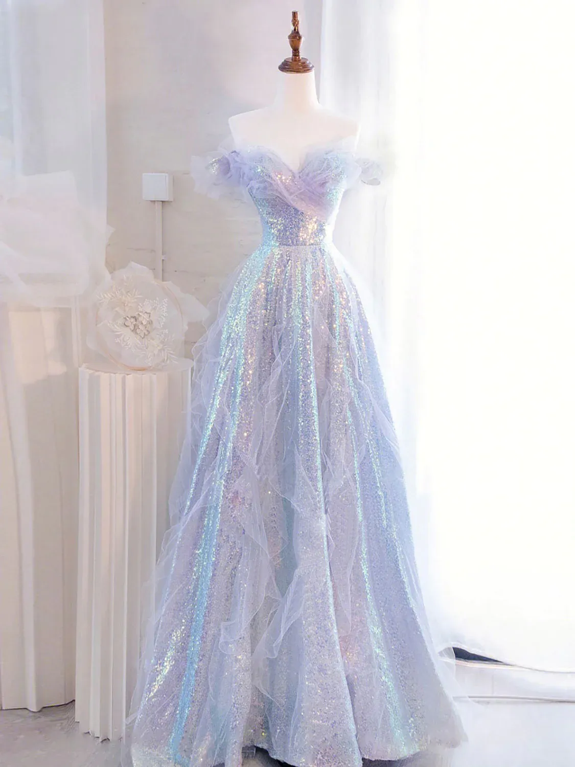 Uniwim Lovely Off Shoulder A-line Tulle and Sequins Prom Dress, Sweetheart Long Evening Dress