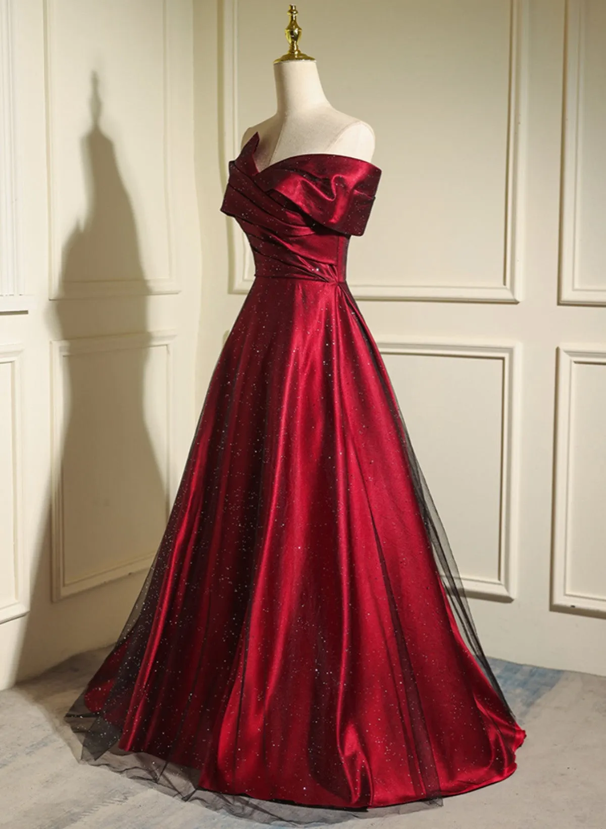 Uniwim Wine Red and Black Sweetheart Off Shoulder Prom Dress, A-line Evening Dress