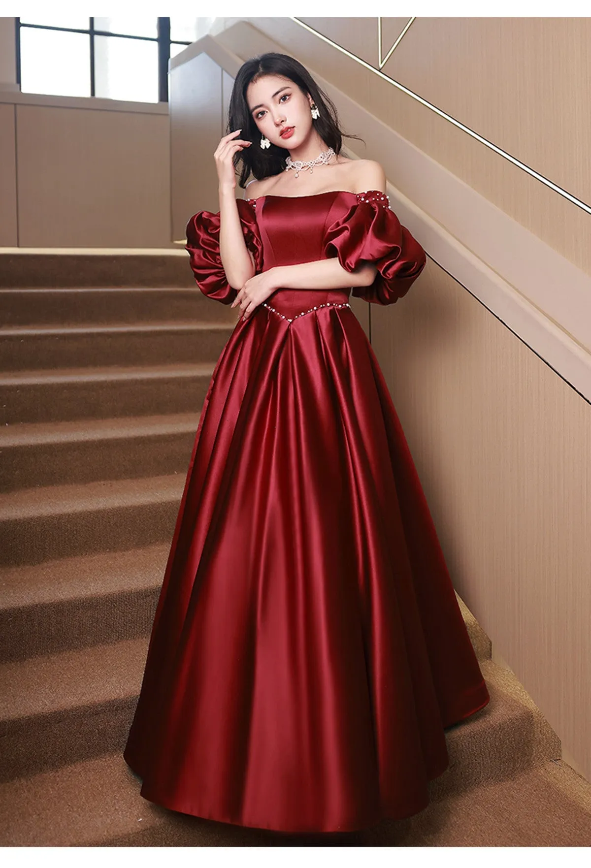 Uniwim Wine Red Satin Beaded Chic Long Party Dress, Wine Red Puffy Sleeves Prom Dress