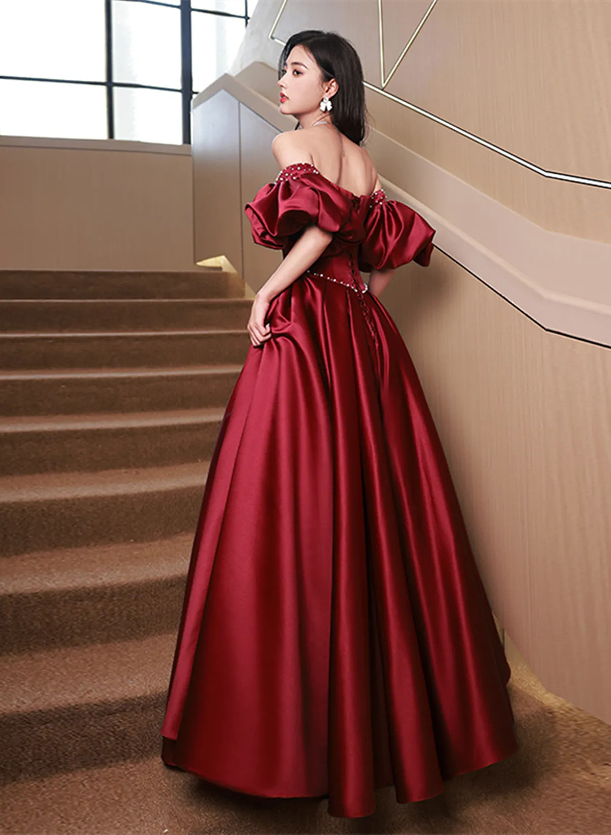 Uniwim Wine Red Satin Beaded Chic Long Party Dress, Wine Red Puffy Sleeves Prom Dress