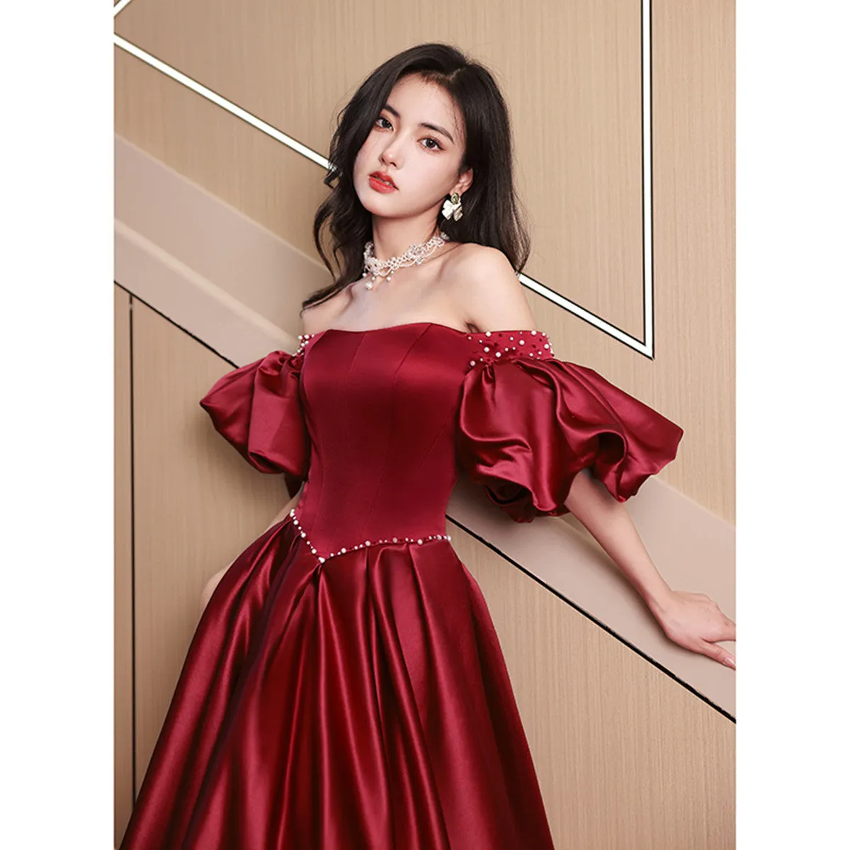 Uniwim Wine Red Satin Beaded Chic Long Party Dress, Wine Red Puffy Sleeves Prom Dress